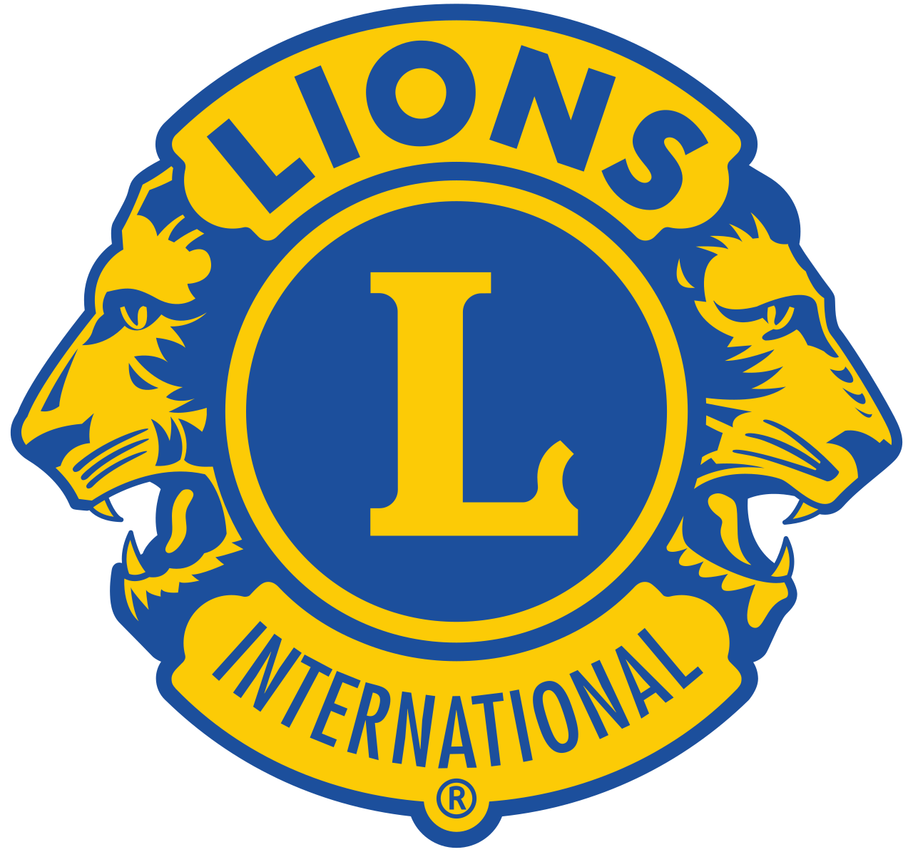 Lions Clubs International logo featuring a blue and yellow shield with a lion's head on each side and a large yellow 'L' in the center.