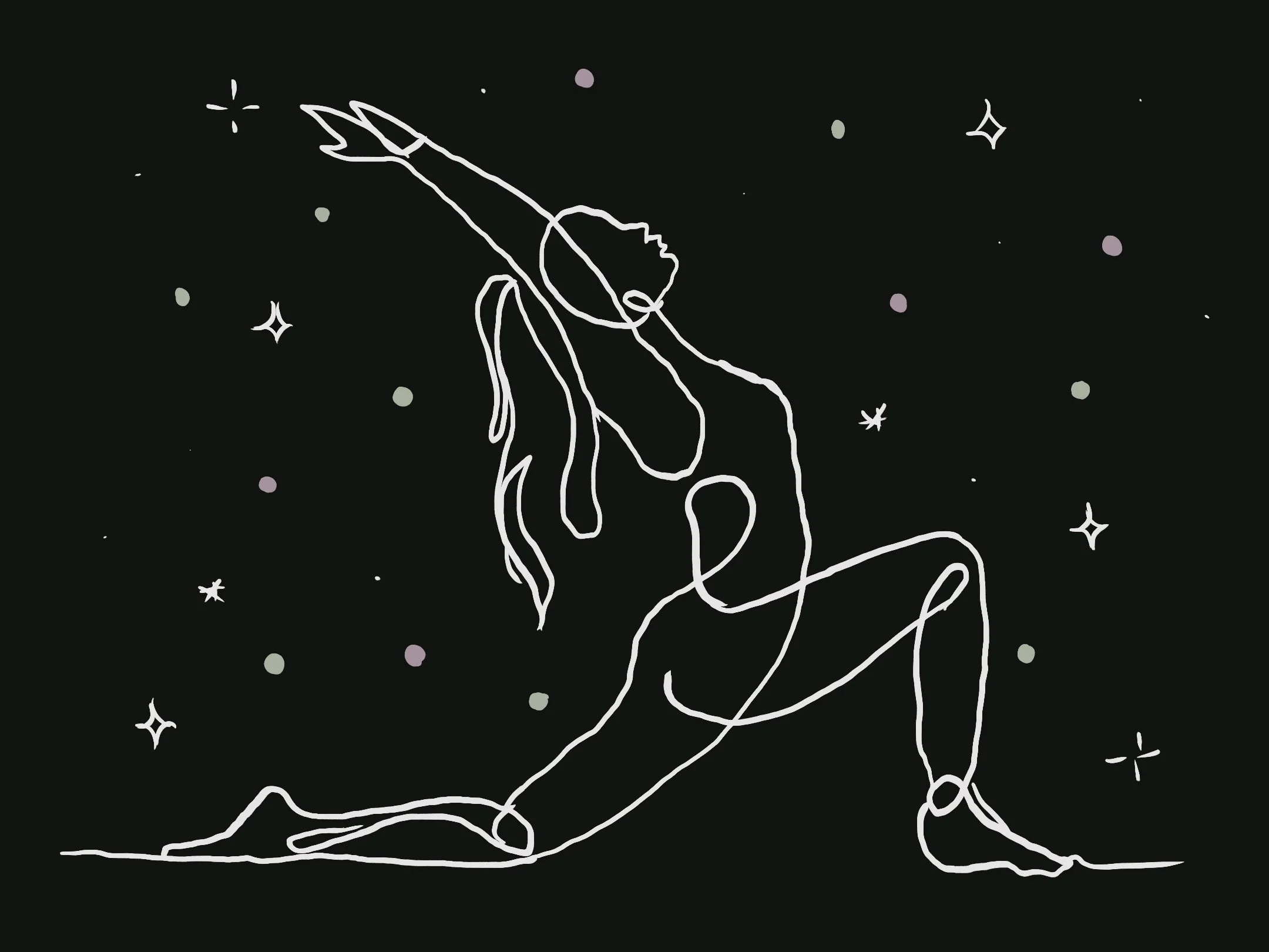 Plum background with a white line drawing of a person doing yoga. They are lunging on one leg with hands reaching all the way up and touching at the top with stars and dots around it | Yoga Classes and Events | San Antonio, TX