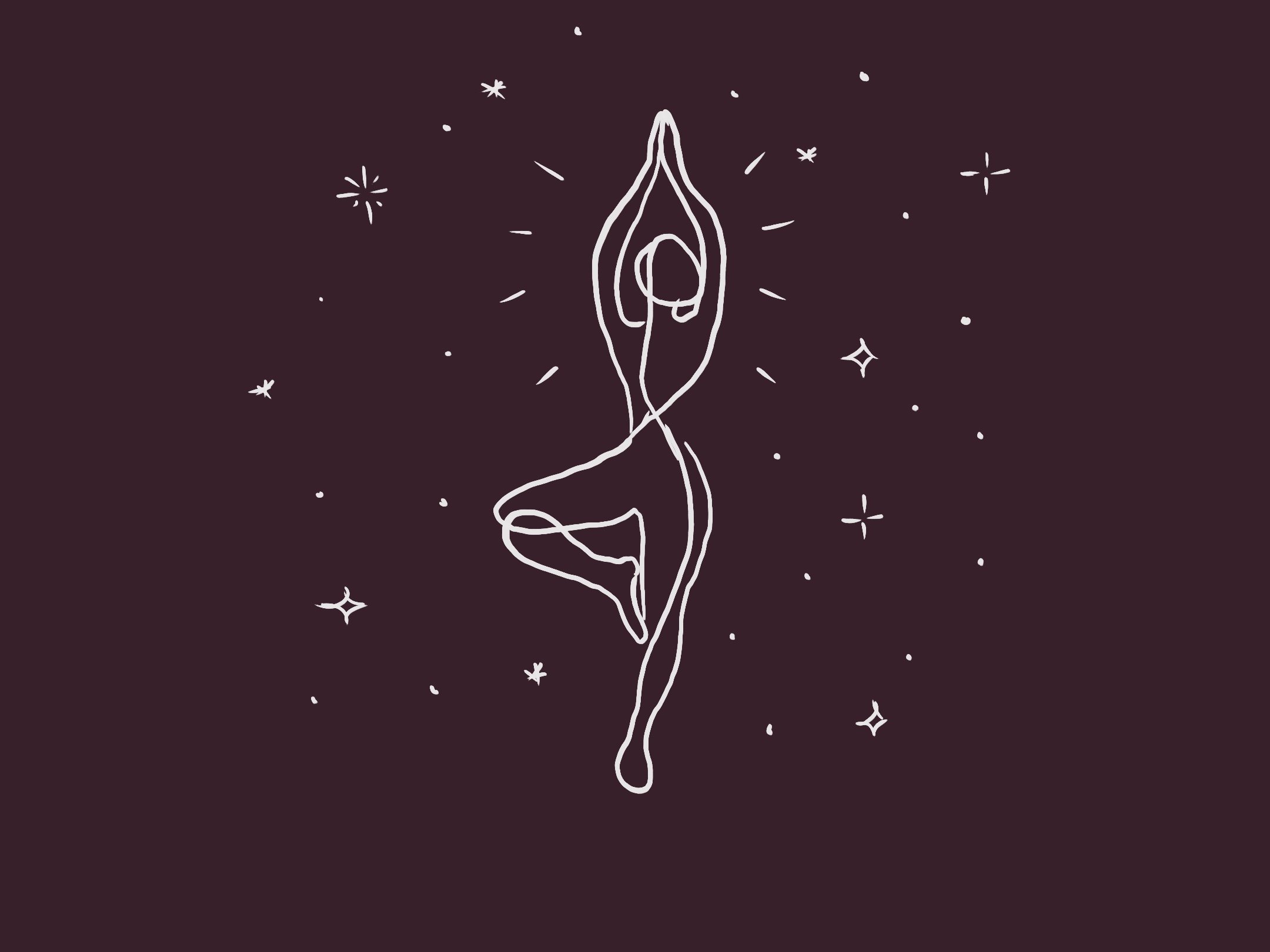 Plum background with a white line drawing of a person doing yoga. They are balancing on one leg with hands reaching all the way up and touching at the top with stars and dots around it | Yoga Classes and Events | San Antonio, TX