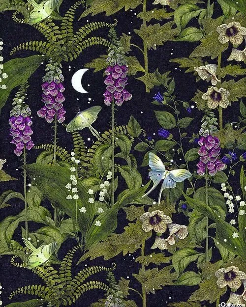 Nighttime scene of a lush garden filled with green leaves, purple and white flowers, butterflies, and a crescent moon in the dark sky | Yoga Classes and Events | San Antonio, TX