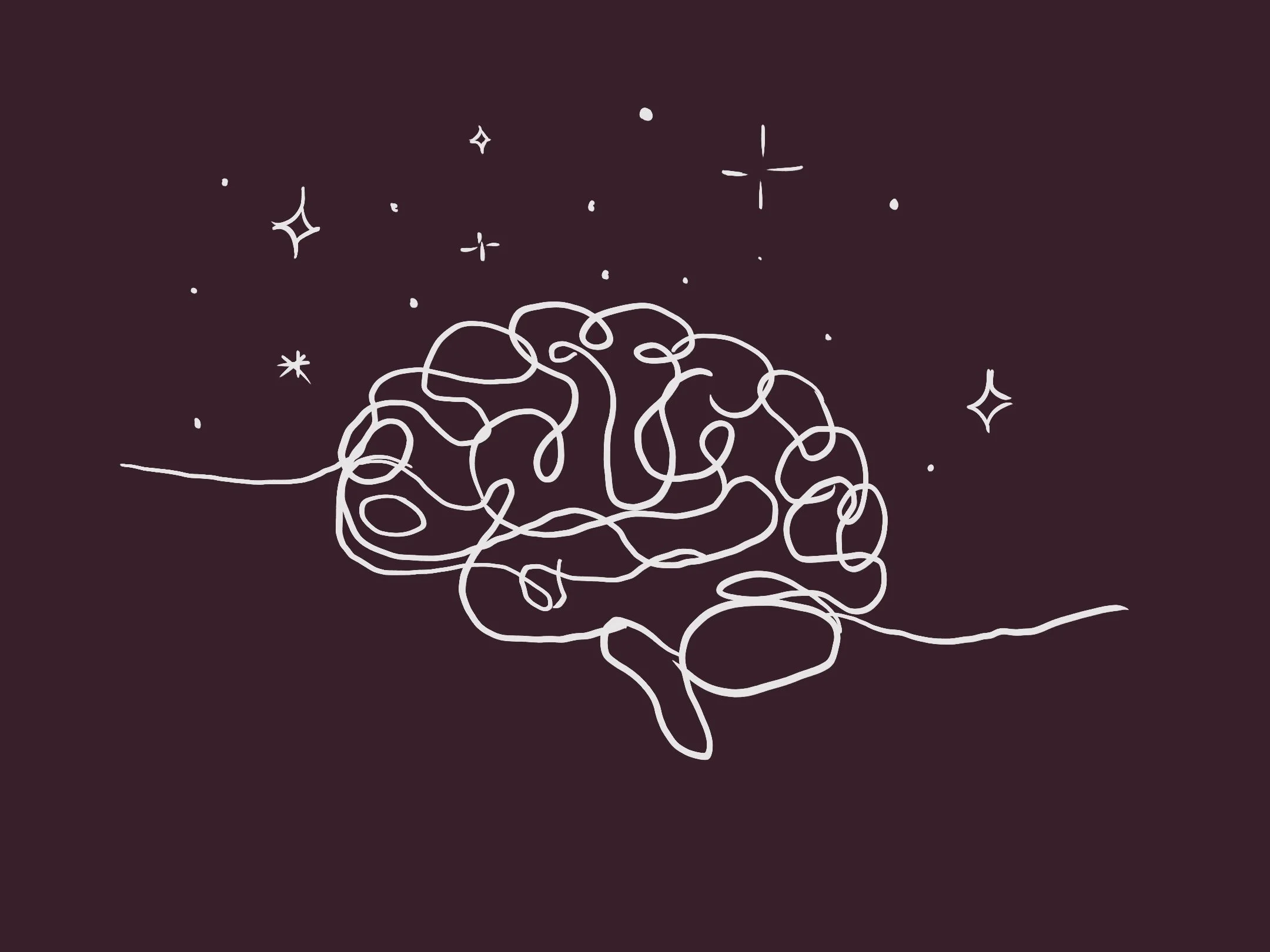 Plum background with a white line drawing of a brain with stars and dots around it | Yoga Classes and Events | San Antonio, TX