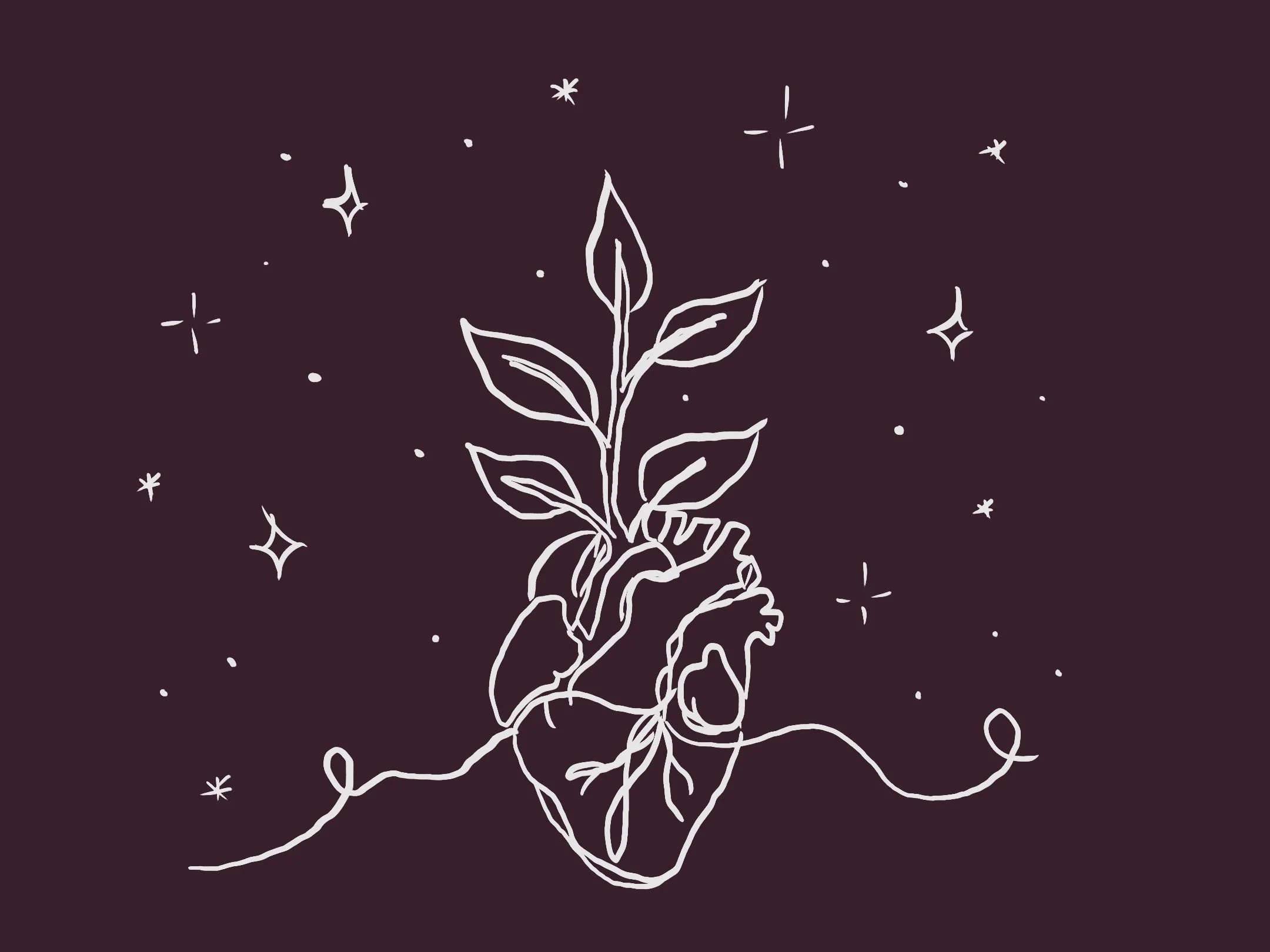 Plum background with a white line drawing of a heart with leaves growing out of it, with stars and dots around it | Yoga Classes and Events | San Antonio, TX
