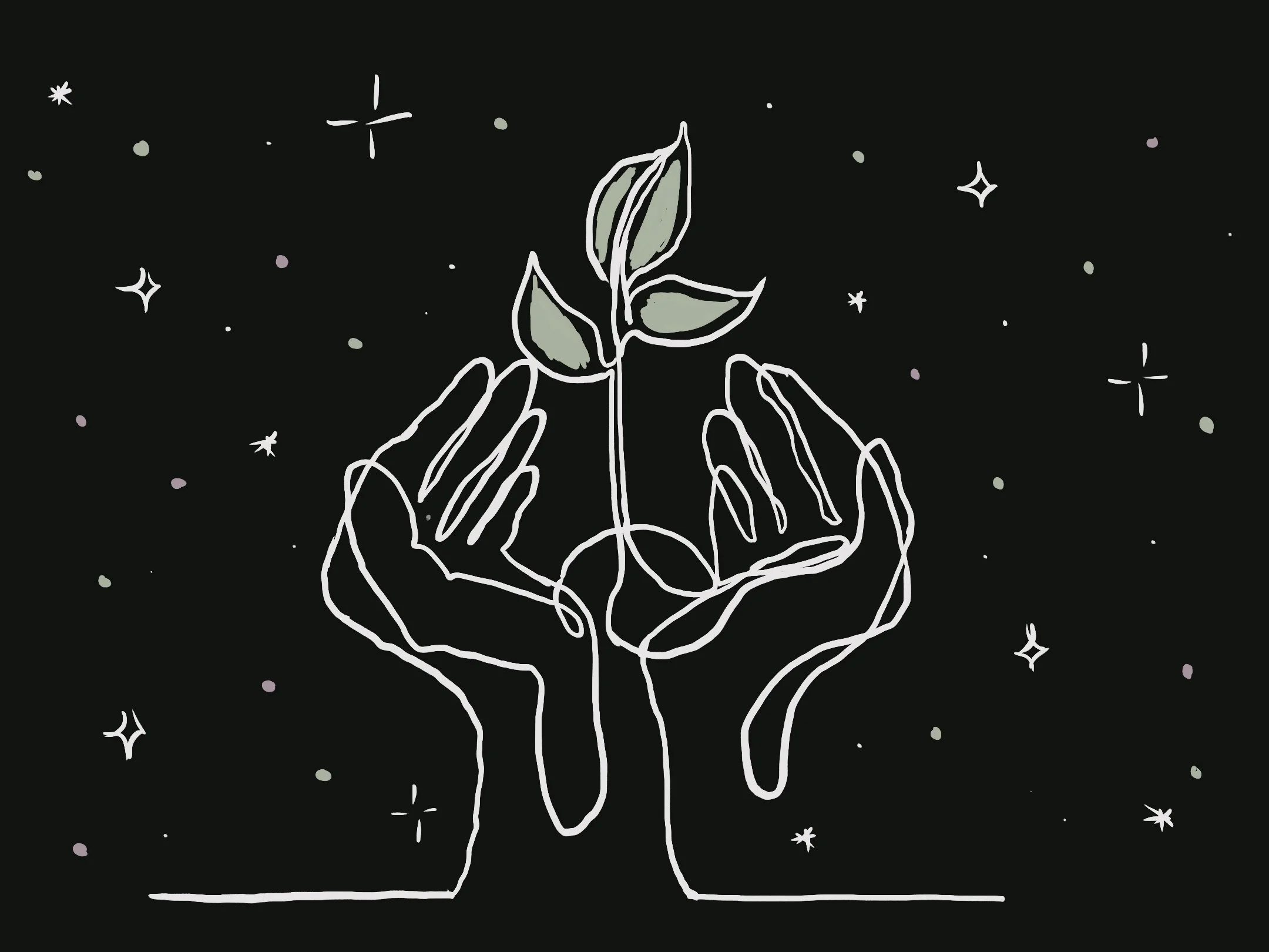 Black background with a white line drawing of a hand holding a small plant with three leaves, surrounded by stars and small dots | Yoga Classes and Events | San Antonio, TX