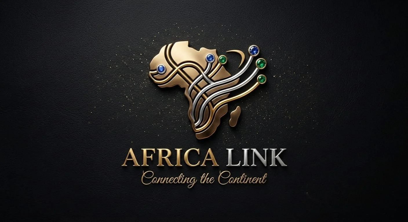 Africa Link logo featuring a stylized gold Africa map with interwoven silver and gold lines, blue and green gemstones, and the tagline “Connecting the Continent” on a black background