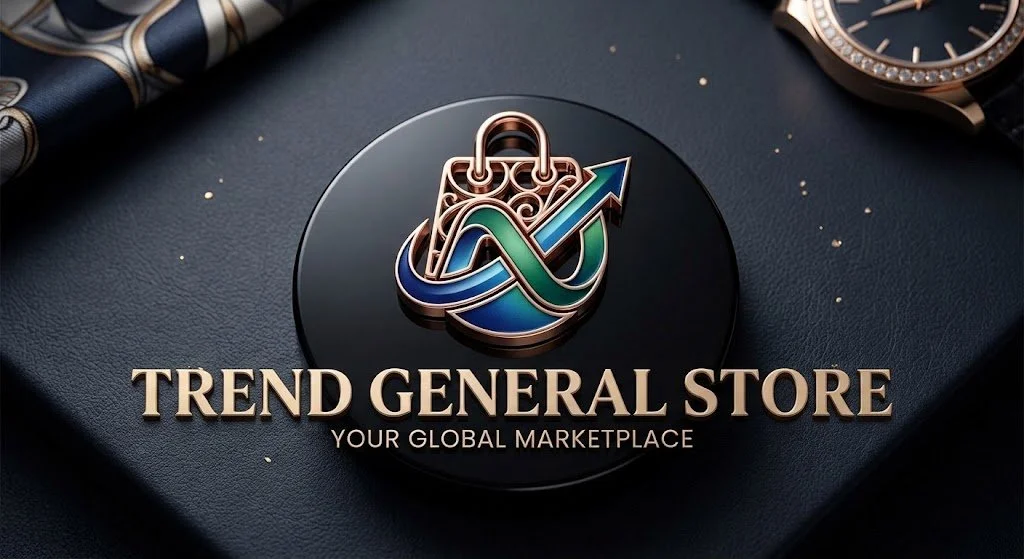 Trend General Store logo with a stylized blue and green anchor emblem, gold text, and tagline “Your Global Marketplace” on a dark leather background