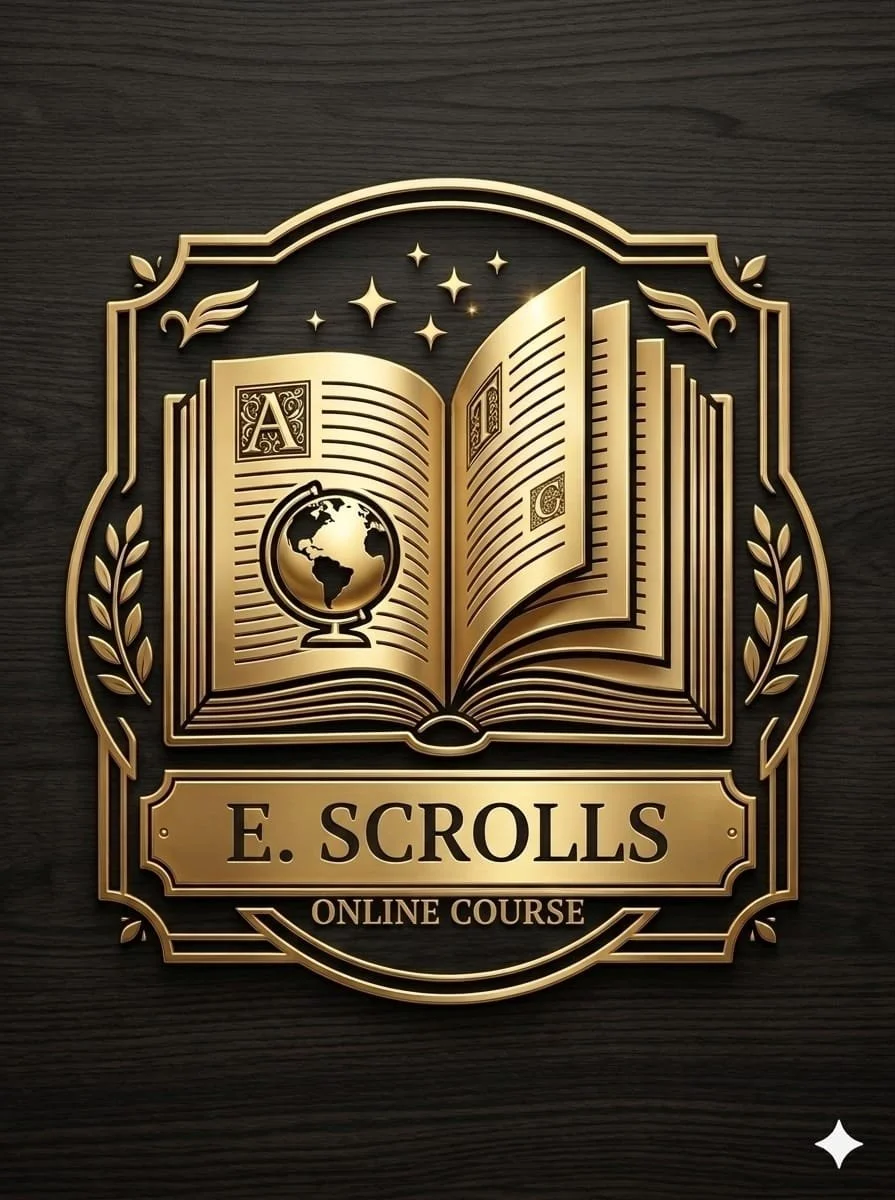 Gold emblem featuring an open book, globe, stars, and laurel branches with text reading “E. SCROLLS ONLINE COURSE” on a dark wood background