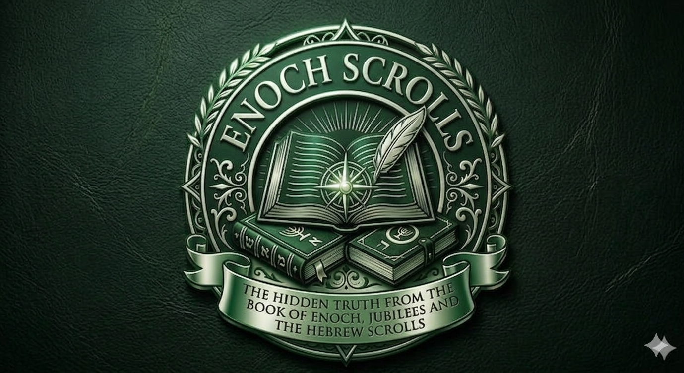 Dark green emblem featuring an open book, quill, stacked books, laurel wreath, and banner reading “The Hidden Truth From the Book of Enoch, Jubilees and the Hebrew Scrolls.”