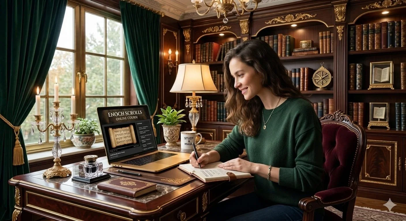 Woman studying Enoch Scrolls online at an ornate library desk surrounded by bookshelves.