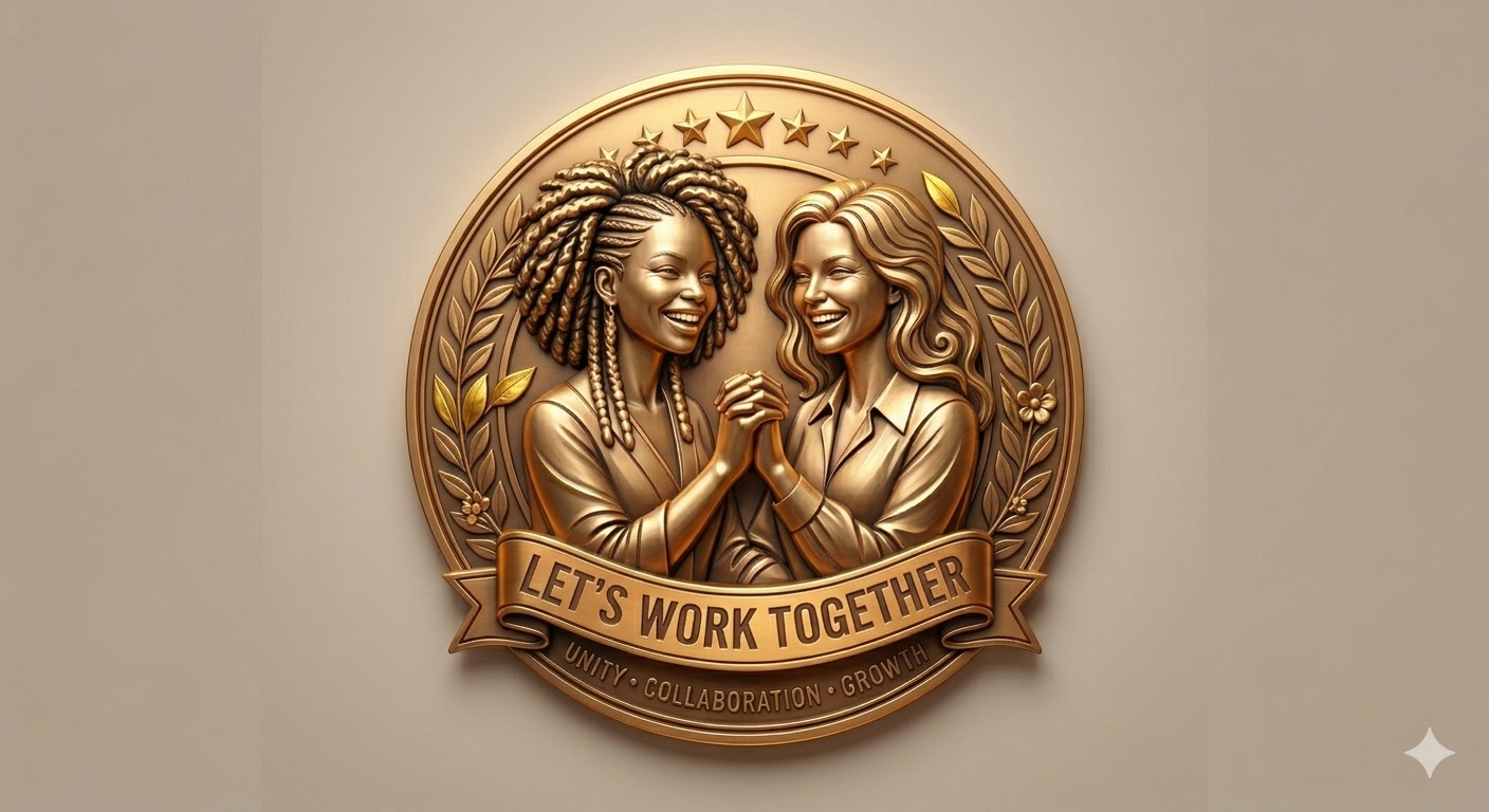 A bronze-colored relief sculpture of two women smiling and holding hands, surrounded by a circular laurel wreath with stars and flowers. A banner below reads "Let's Work Together" with the words "Unity, Collaboration, Growth" underneath.