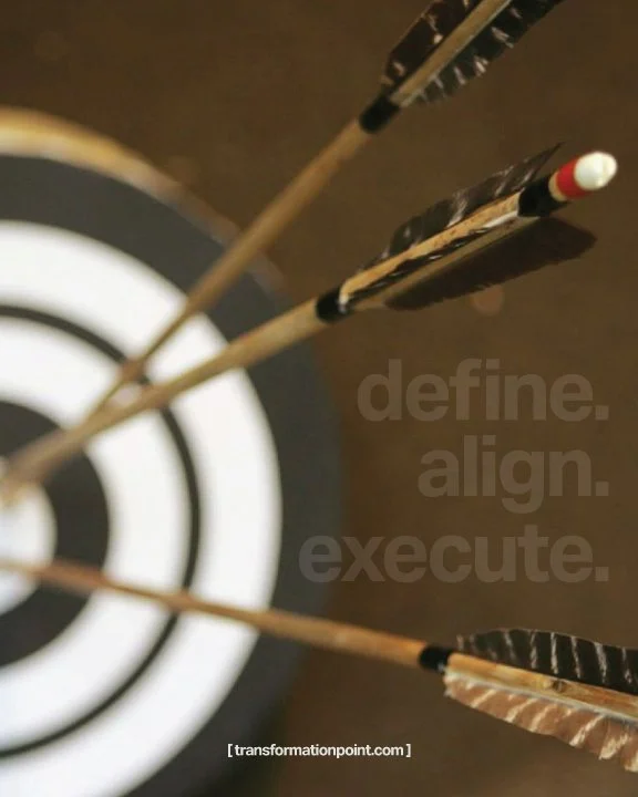Three arrows stuck in a target with concentric circles, and words 'define. align. execute.' written on the side.
