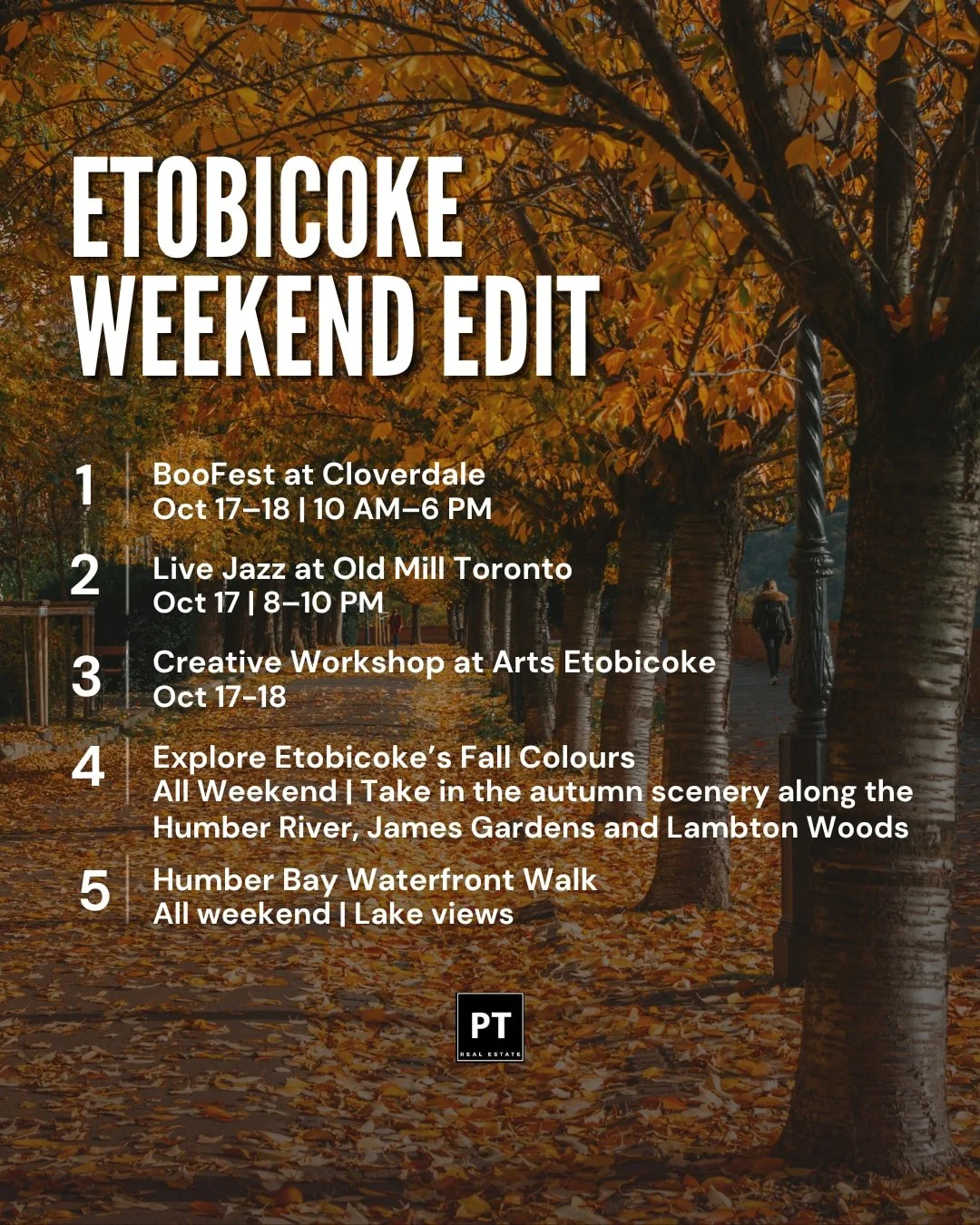 🍂 THIS WEEKEND IN ETOBICOKE | OCTOBER 16&ndash;18

From festive fall outings to live entertainment and scenic waterfront escapes, there&rsquo;s plenty to enjoy close to home this weekend.

🎃 BooFest at Cloverdale | Oct. 17&ndash;18
🎷 Live Jazz at 