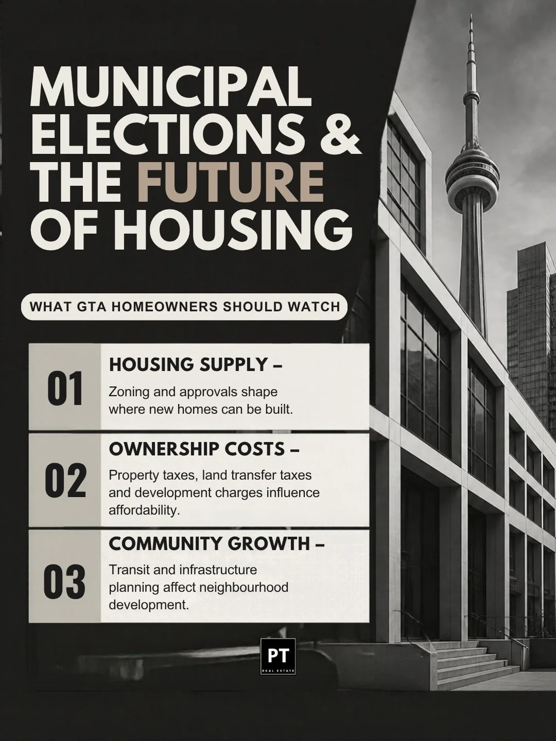 🏛️ GTA REAL ESTATE | HOUSING POLICY IN FOCUS

With Ontario&rsquo;s municipal elections approaching on October 26, the future of housing across the GTA is an important topic of discussion.

🏡 From housing affordability and property taxes to zoning, 