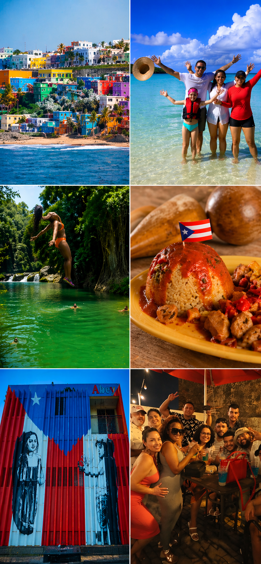A collage of images depicting colorful buildings, people enjoying the beach, a waterfall with swimmers, Puerto Rican cuisine, street art, and a group of friends at night.