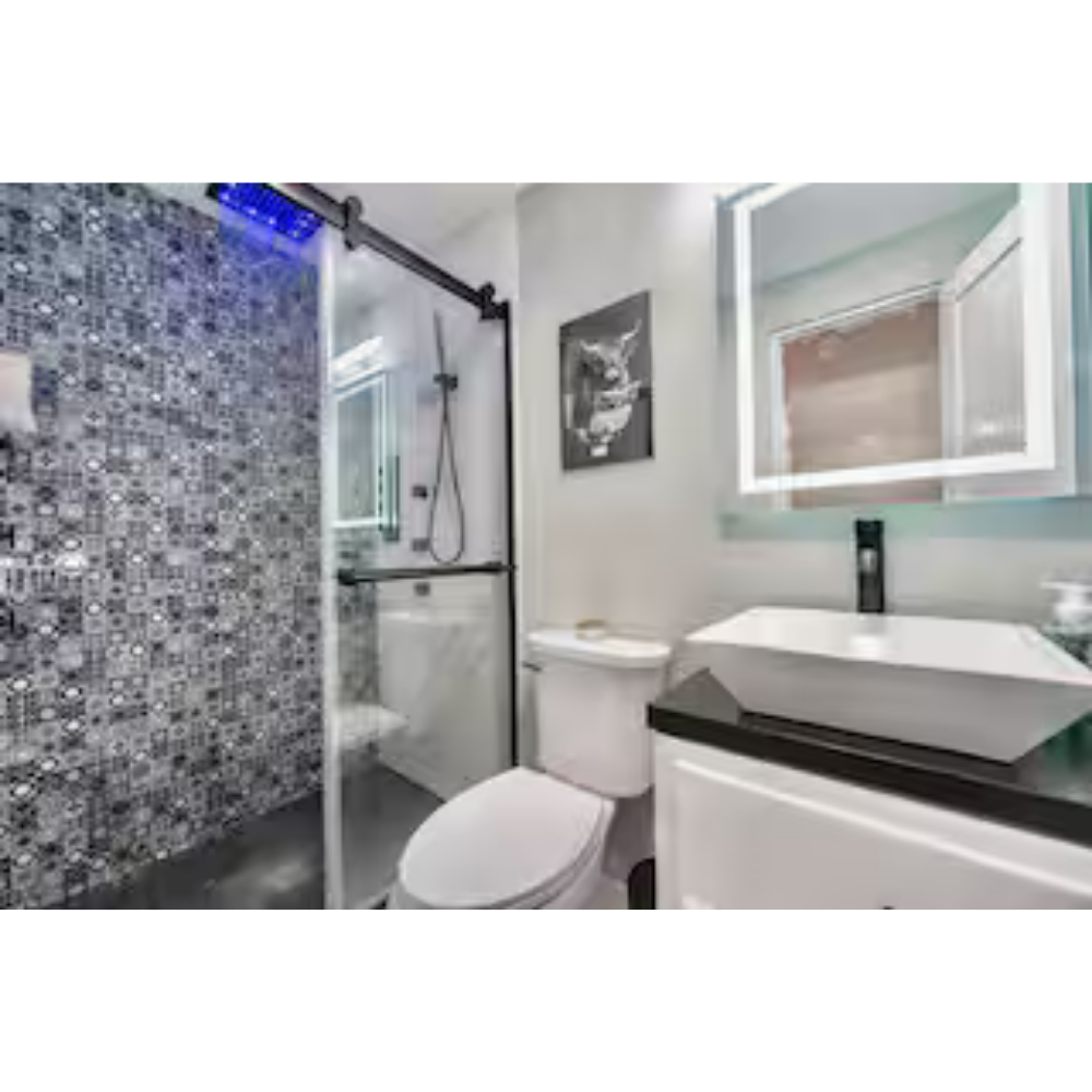 Modern bathroom with a glass shower enclosure, fish tank artwork, white toilet, black countertop, and a white vessel sink