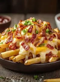 Plate of loaded French fries topped with cheese, bacon bits, and chopped green onions.