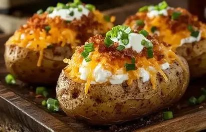 Baked potatoes topped with melted cheddar cheese, sour cream, chopped green onions, and crumbled bacon on a wooden surface.