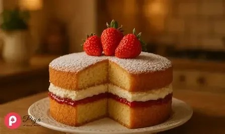 A round layered cake with strawberries on top, dusted with powdered sugar, on a white plate.