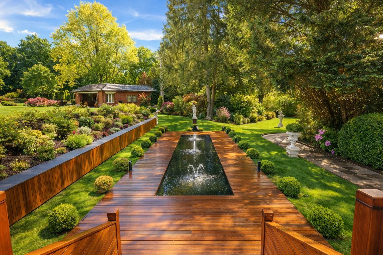 A well-maintained garden with a wooden walkway and fountain, surrounded by lush green grass, colorful flowers, and trees in a sunny outdoor setting.