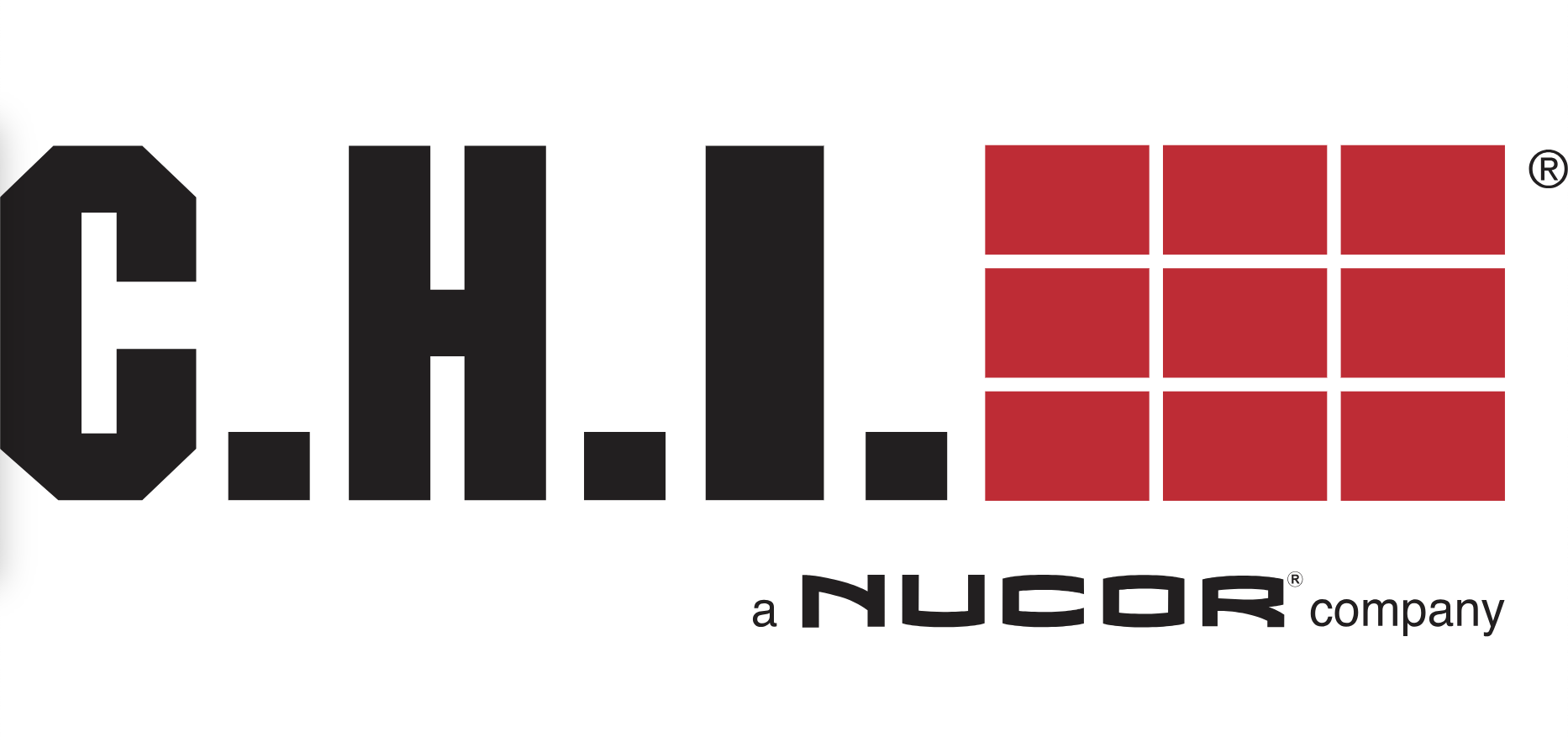 C.H.I. Overhead Doors logo with black text and a red square grid design, and the words 'a Nucor company' underneath.