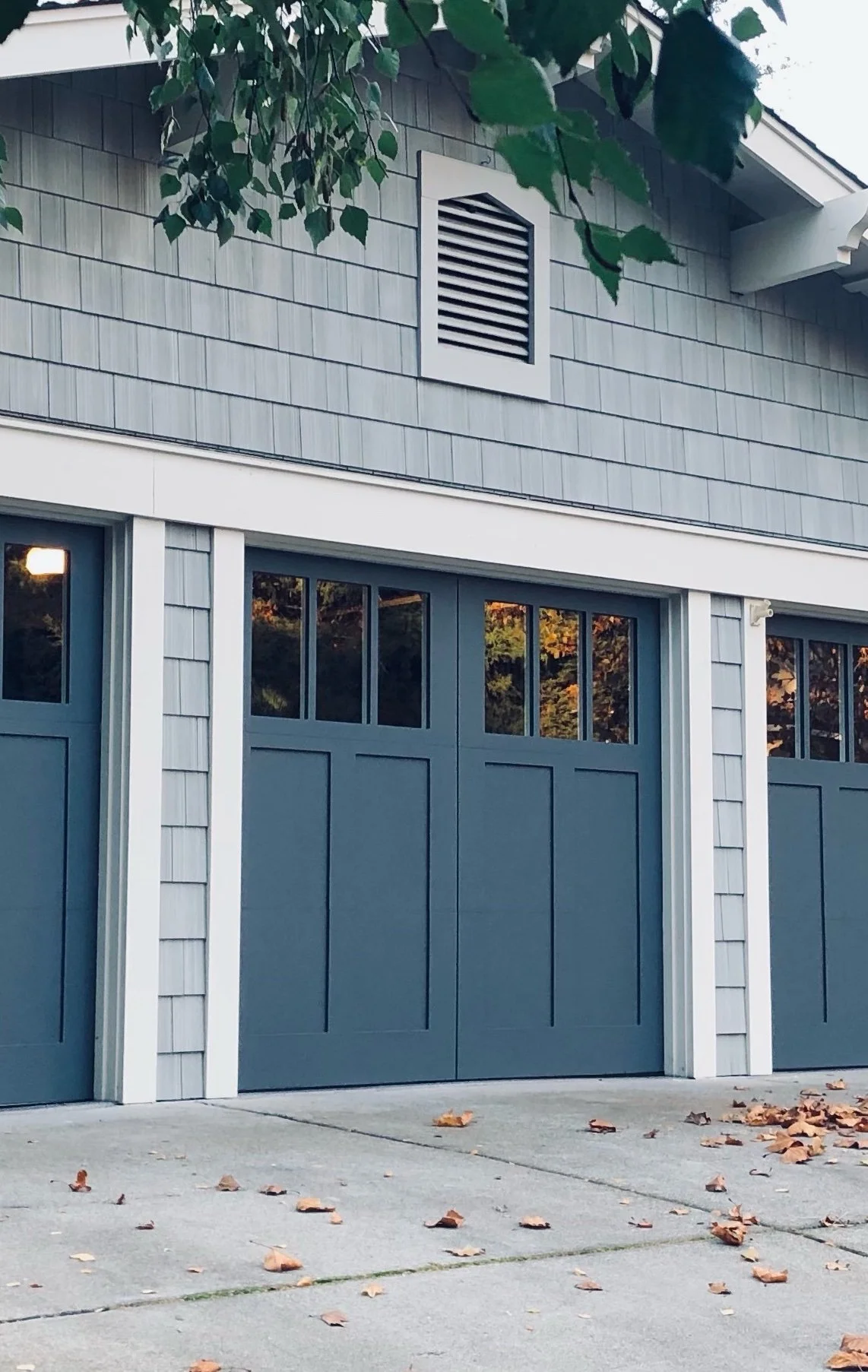 3 single-car garage with blue doors and windows above the doors, attached to a house with gray horizontal siding. The driveway has scattered fallen leaves, and some green foliage is visible at the top of the image.