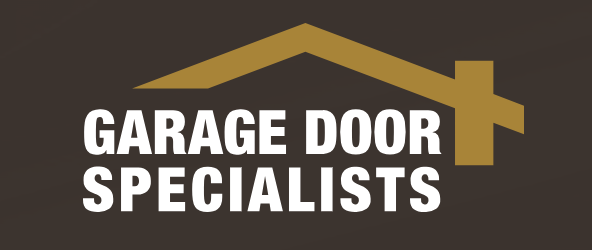 Garage Door Specialists logo with a stylized house roof and chimney above the text 'Garage Door Specialists' in white letters.