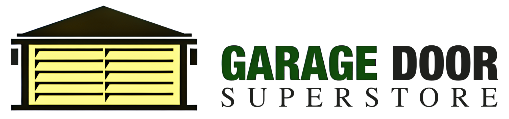 Garage Superstore logo with black and yellow illustration of a garage door on the left of "GARAGE DOOR SUPERSTORE" black text.