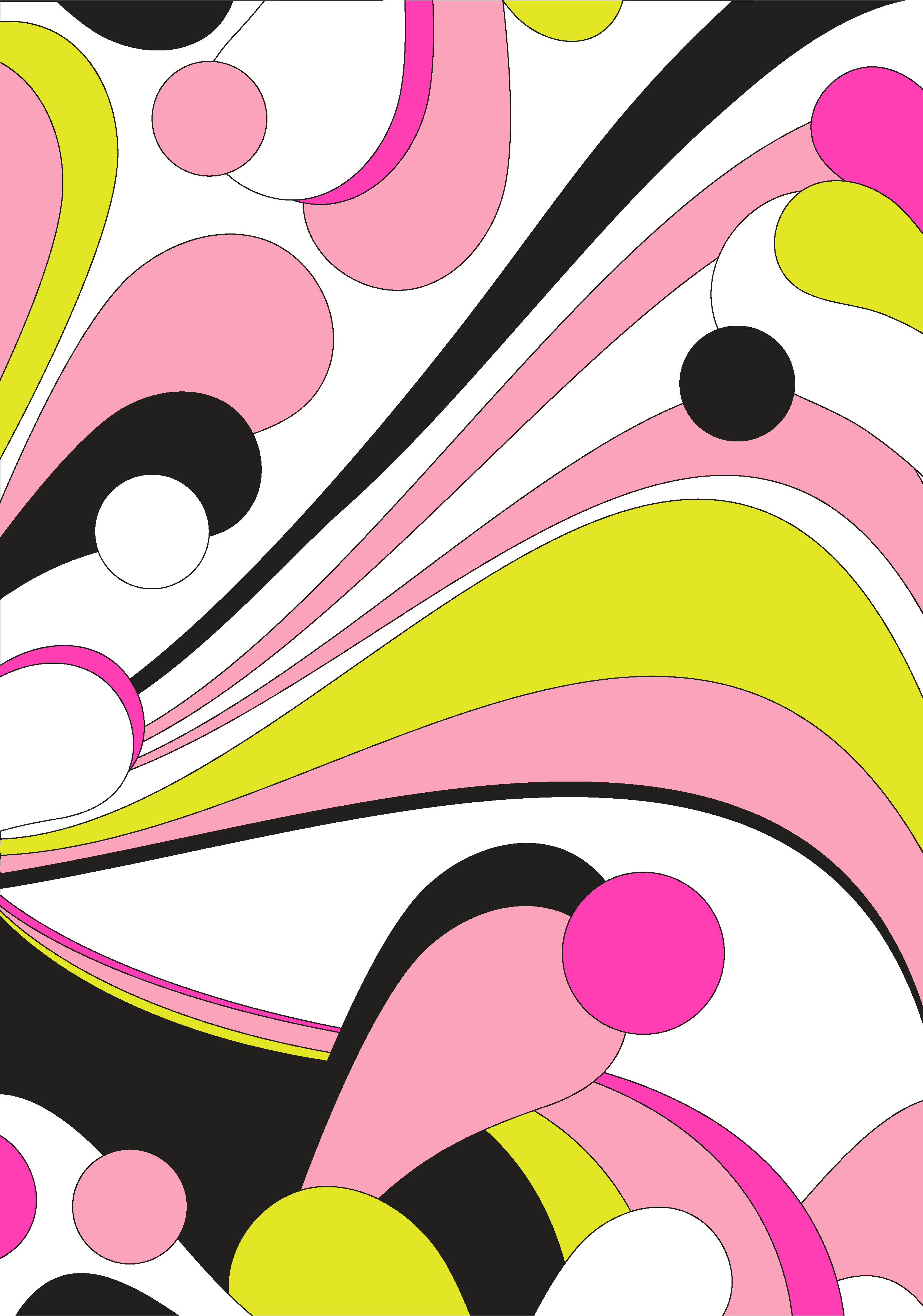 Abstract digital artwork featuring overlapping circles and curved shapes in pink, yellow, black, and white colors.