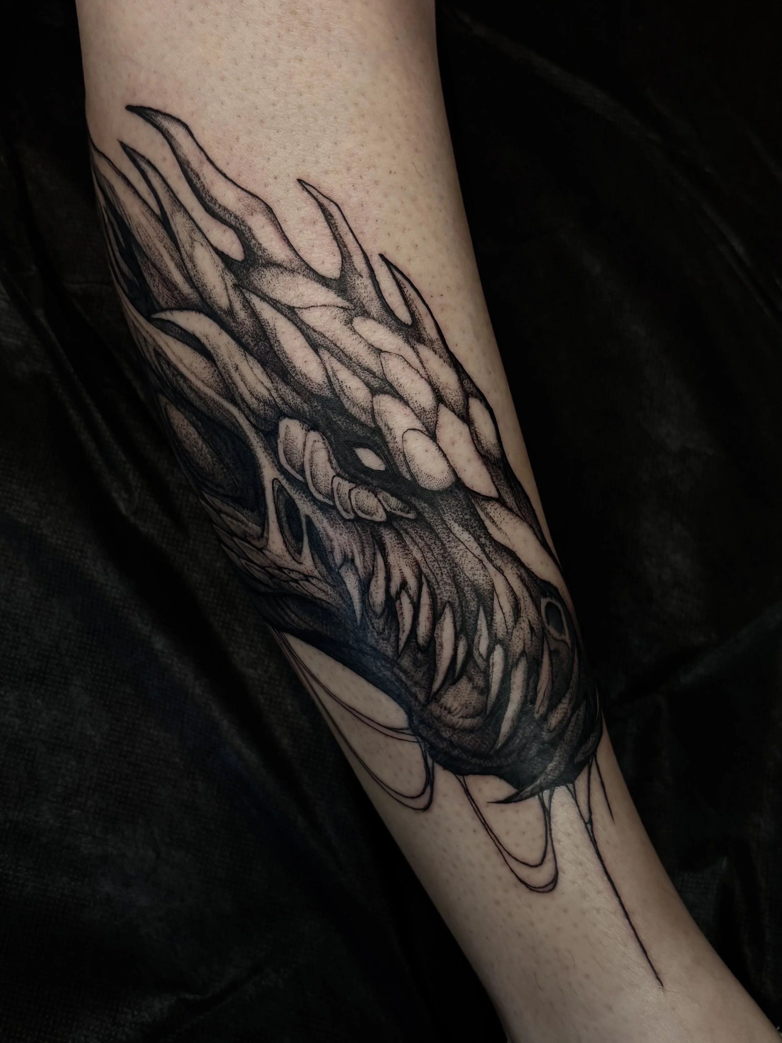 Black ink tattoo of a whale outline on a person's forearm.