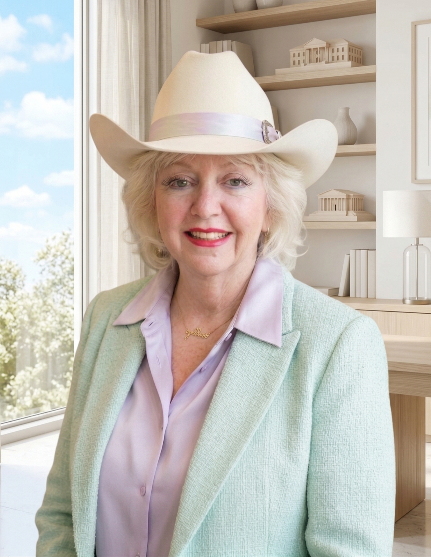 A smiling woman with light blonde hair wearing a white cowboy hat with a ribbon, a pastel yellow blazer, and a gold necklace with the word 'goddess', standing in a bright room with a large window and bookshelf.