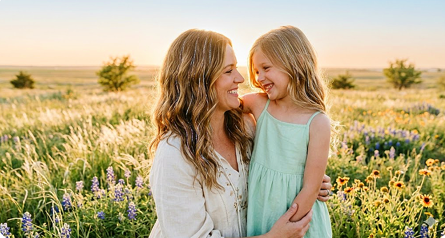 A woman and a young girl sharing a joyful moment in a field of wildflowers during sunset both with fairy hair or tinsel hair sparkling in the sun.