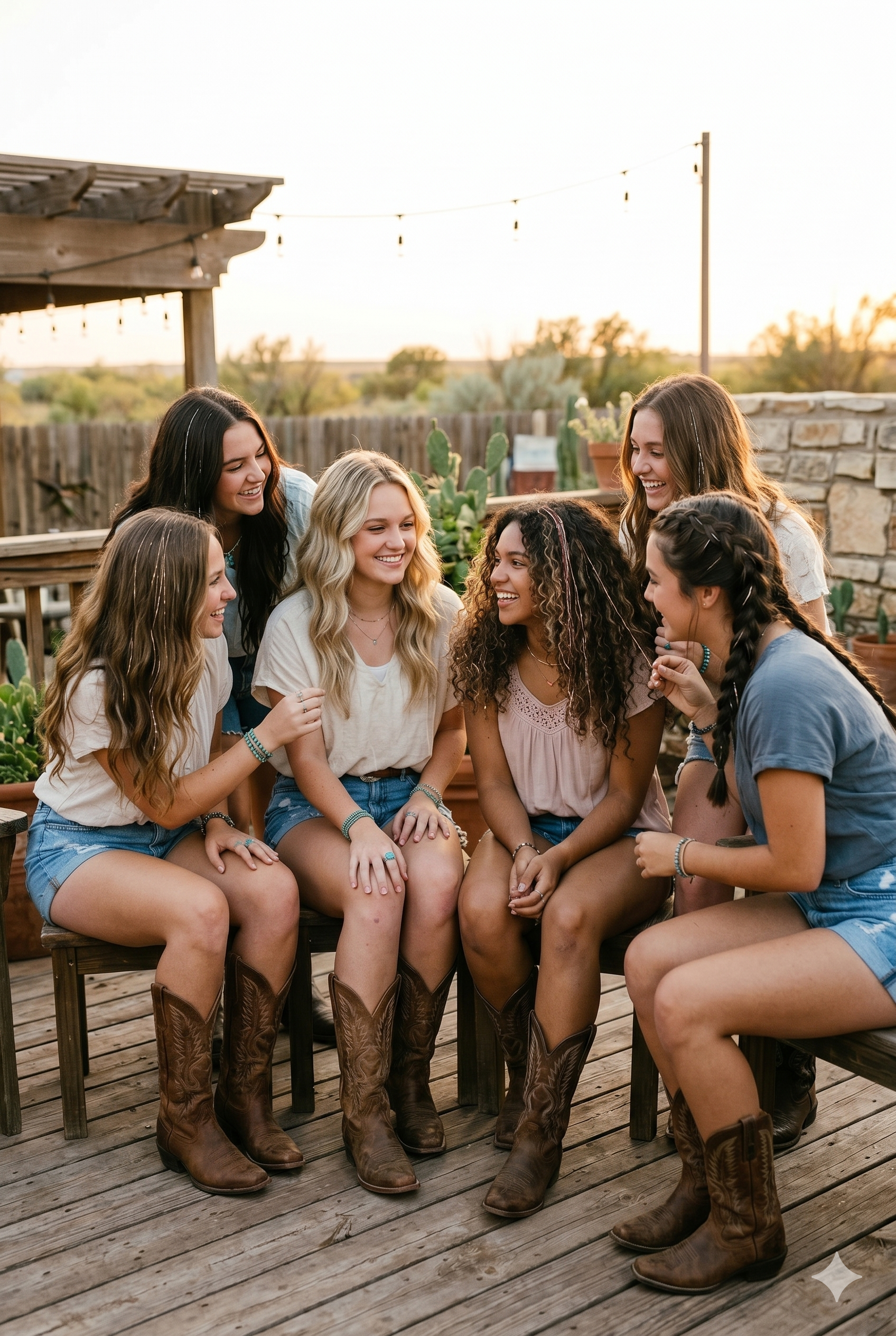 Six young women with long hair and fairy hair or tinsel hair sitting on a wooden deck outside during sunset, smiling and laughing, wearing casual clothes and cowboy boots, with potted plants and a stone wall in the background.