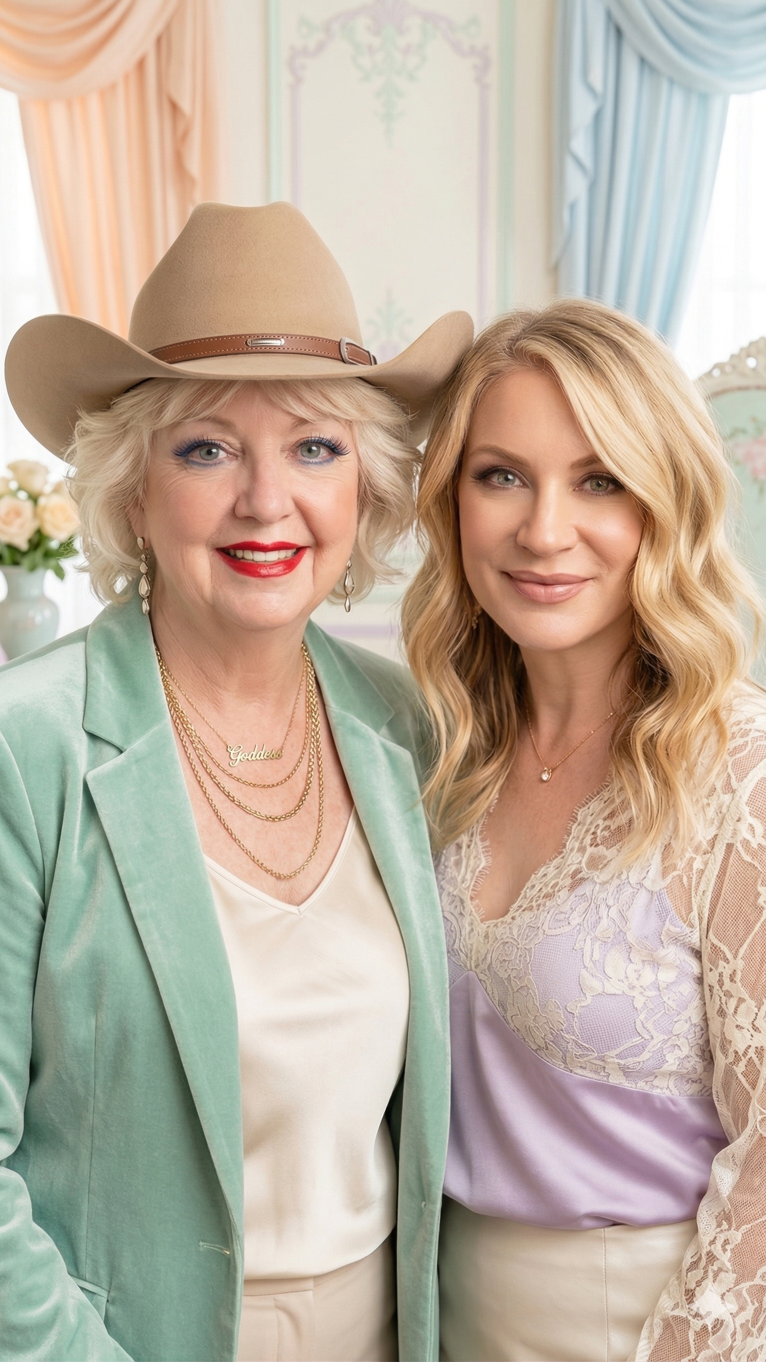Sandra Turner and Kathryn Coulter indoors, Sandy woman wearing a beige cowboy hat, mint green blazer, and gold jewelry, and a Kathryn with blonde wavy hair wearing a lace blouse.
