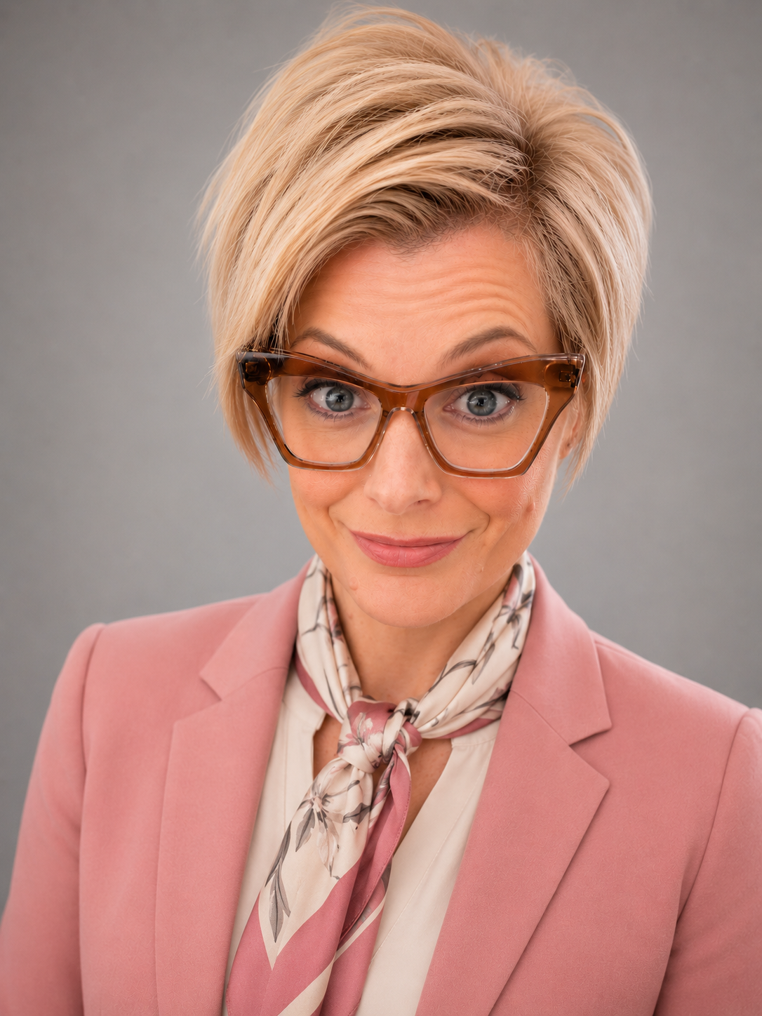 A woman with short, blonde hair wearing large, tortoiseshell glasses, a pink blazer, and a floral scarf tied around her neck, smiling at the camera.