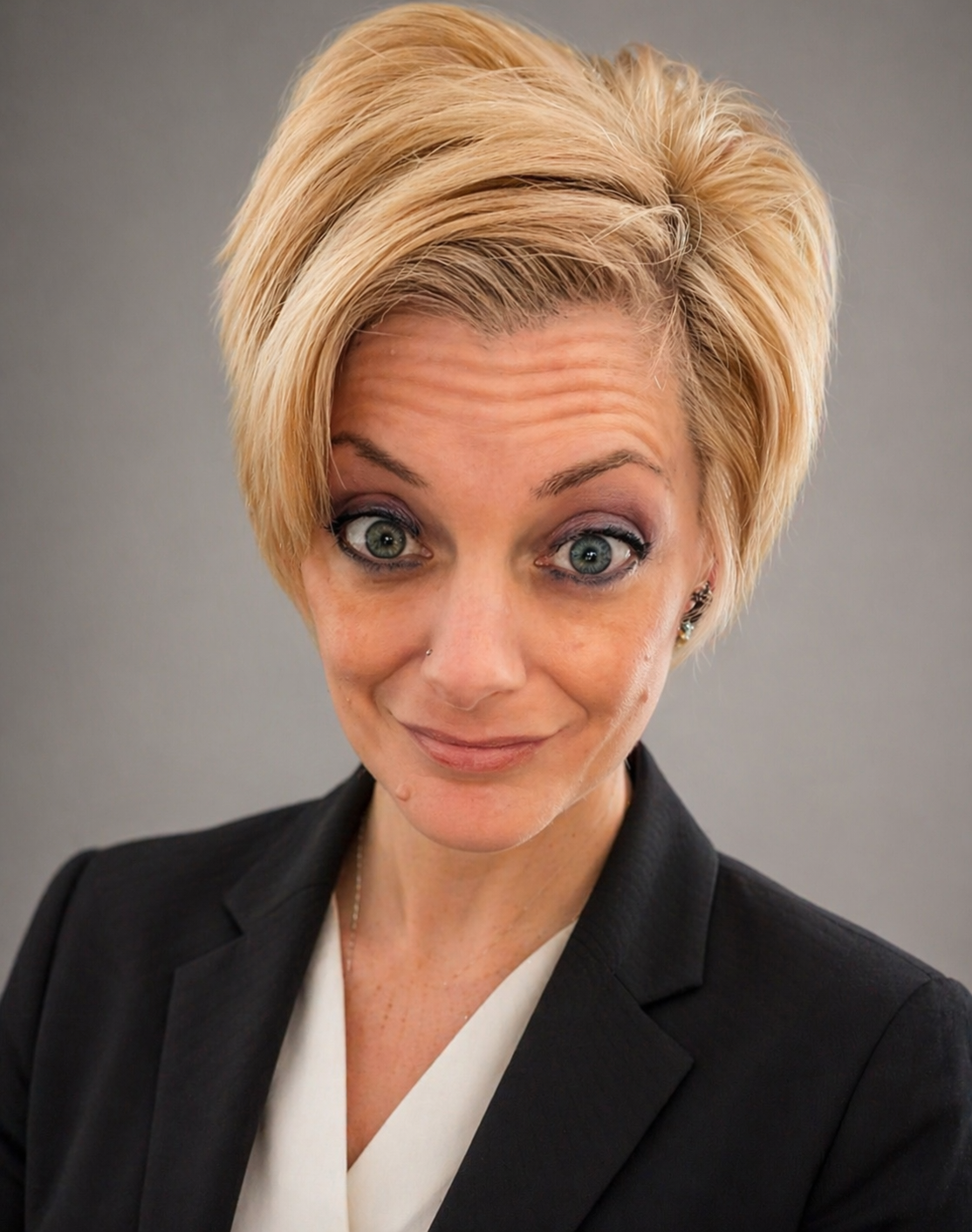 A woman with short blonde hair styled in a layered cut, wearing a black blazer and a white top, looking directly at the camera with a slight smile and wearing subtle makeup.