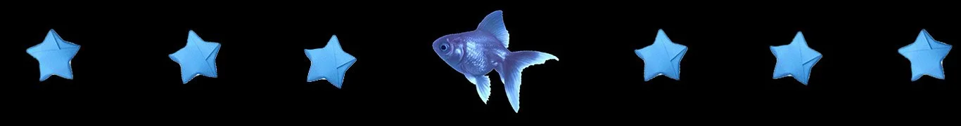 Seven blue star-shaped balloons and one goldfish-shaped balloon floating against a black background.