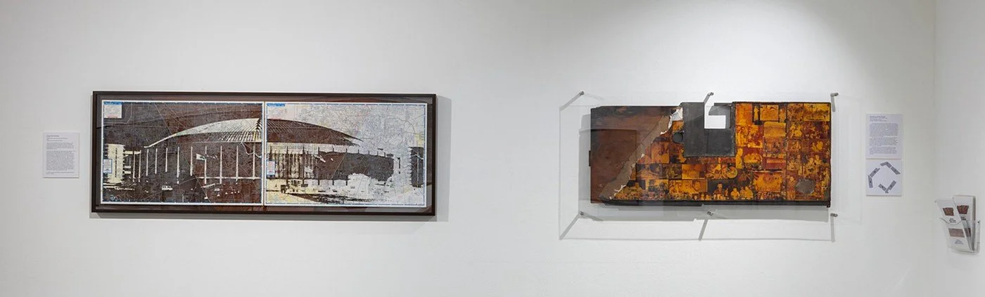 The installation included a segment of the original bar top from Mary's Naturally, covered in photographs of community members (courtesy Heart of Leather Foundation and Gulf Coast Archive and Museum for Gay and Lesbian History) and hand-cut found roa