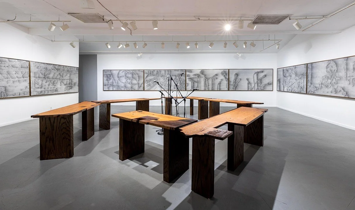 Installation shot of 88-foot wind drawing
Charcoal and wind on paper
Sculptural tables modeled on the ripped out bar tops from Mary's Naturally