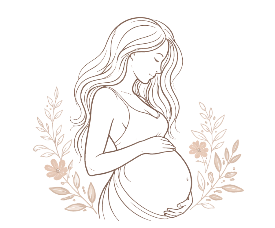 Illustration of a pregnant woman with long hair, surrounded by floral elements.