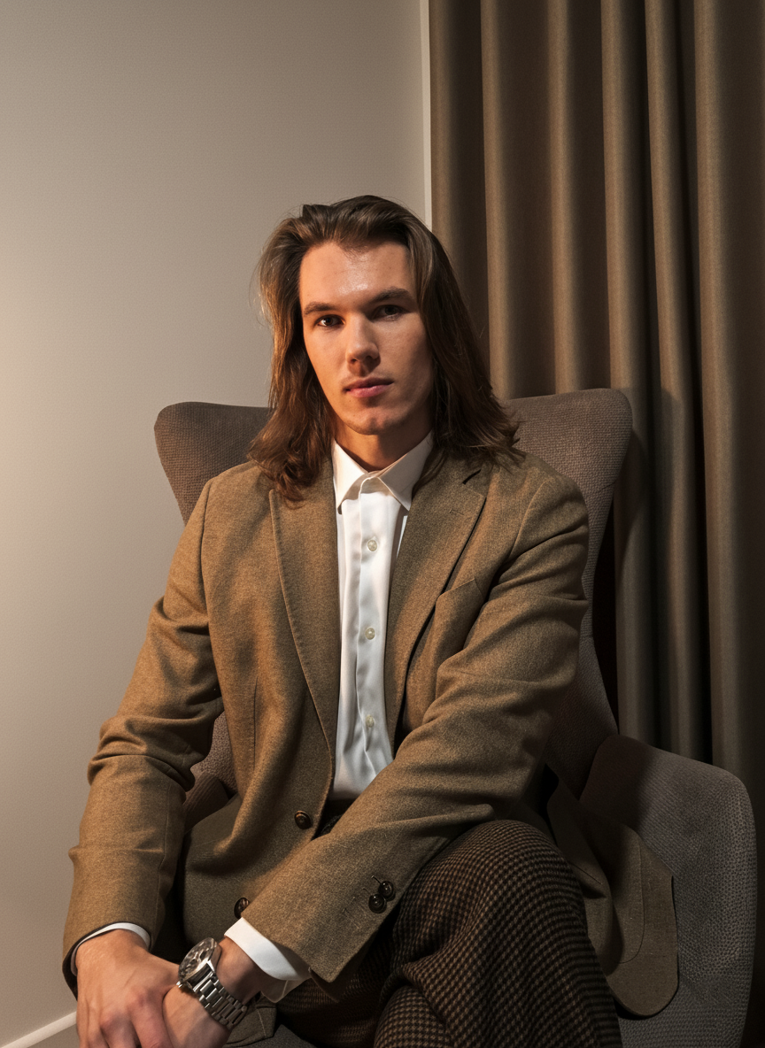 A young man with long brown hair, wearing a brown blazer over a white shirt, sitting in a modern armchair with his right arm resting on his knee, in a room with gray curtains.
