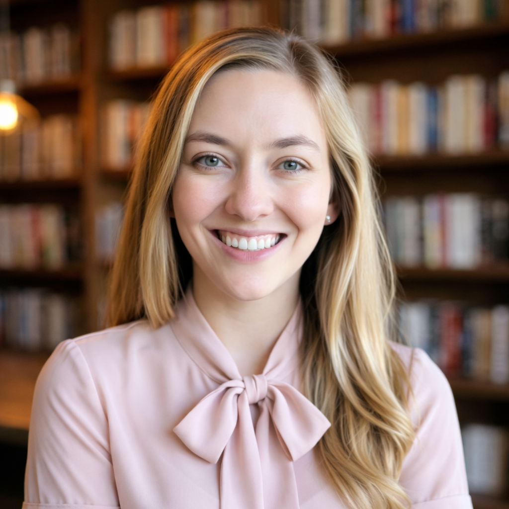 A young woman with long blonde hair and blue eyes smiling at the camera, in a room with a bookshelf filled with books in the background.