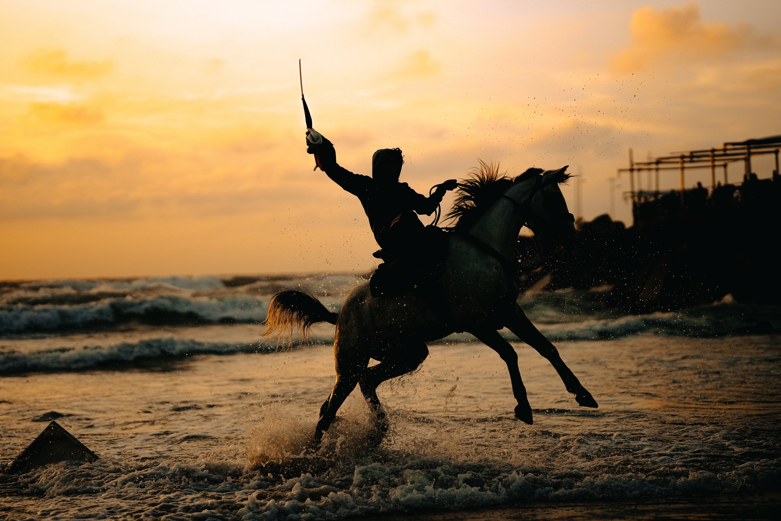 A silhouette of a young Palestinian man on horseback, holding a raised flag, on the beach in Gaza during sunset with a cloudy sky in the background.