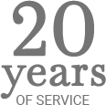 Gray logo with the number '20' and the words 'years of service' underneath.