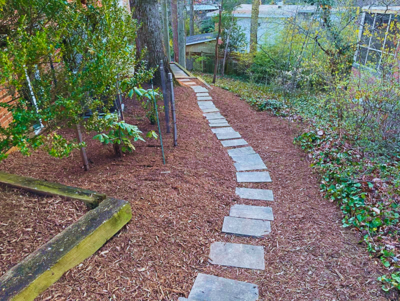 Stone walkway with mulch