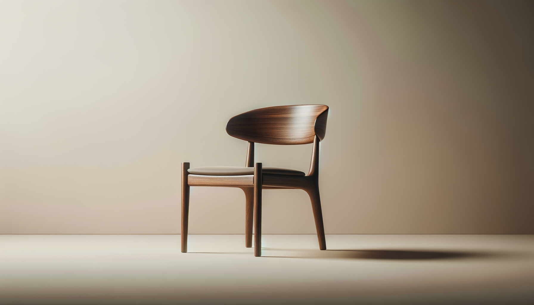 A wooden chair with a cushioned seat on a plain floor, illuminated by soft lighting with a neutral background.