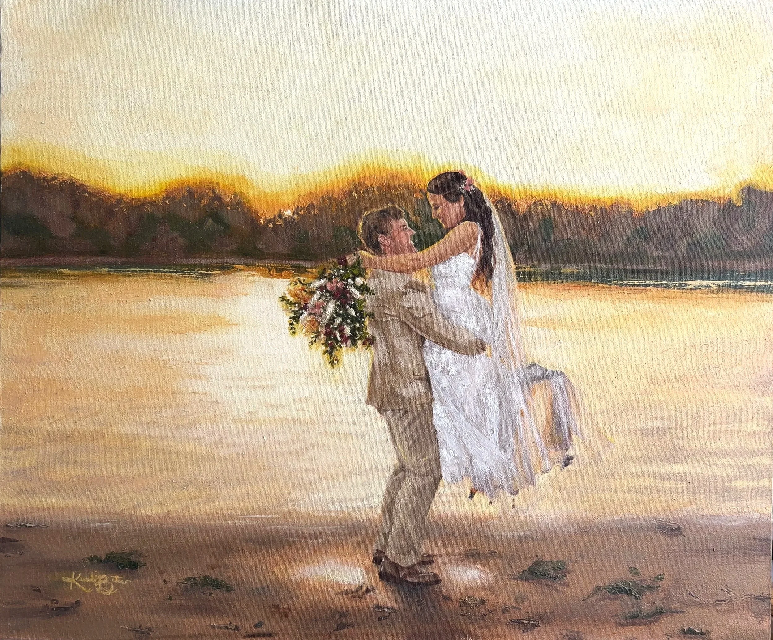 A watercolor painting of a couple at sunset on a beach, with the man lifting the woman and holding a bouquet of flowers, both dressed in wedding attire.