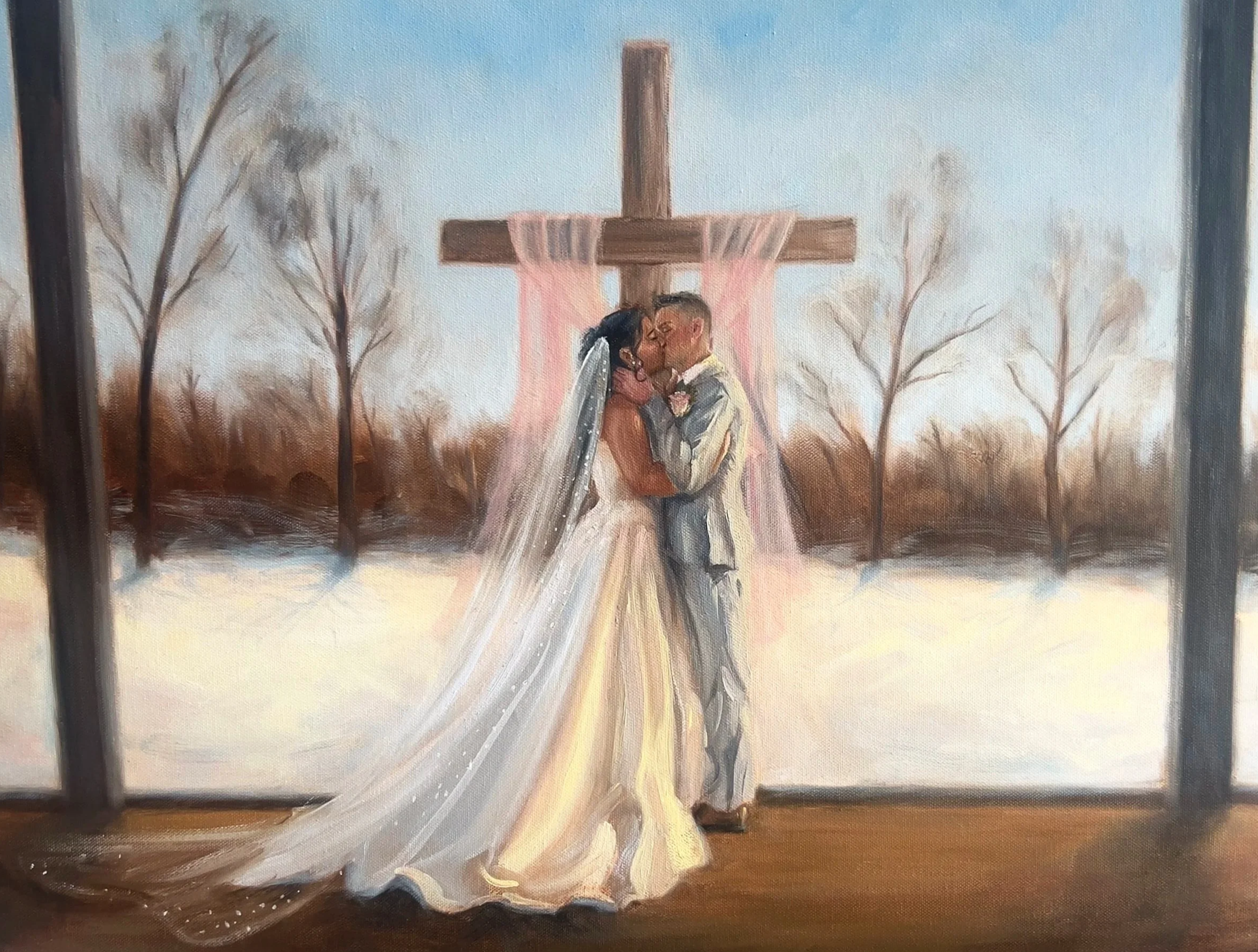 A painting of a couple kissing in front of a wooden cross draped with pink cloth, surrounded by bare trees, set outdoors on a clear day.