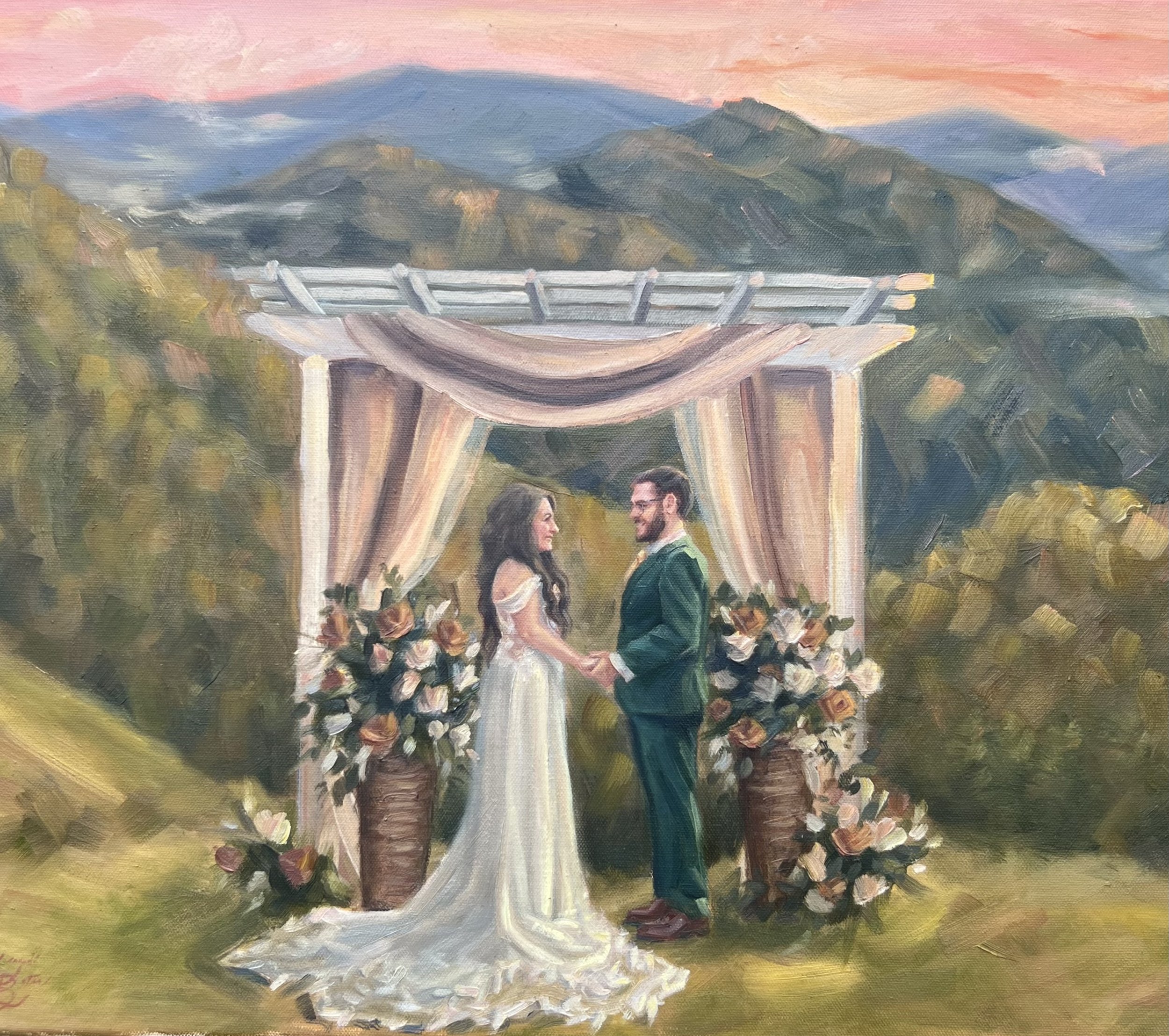 Live wedding painting in the Blue Ridge Mountains near Boone, North Carolina. The couple wanted to be transposed over a sunset and mountains. There is not a photo of this that exists; I used three separate reference photos to create it. Not to mentio