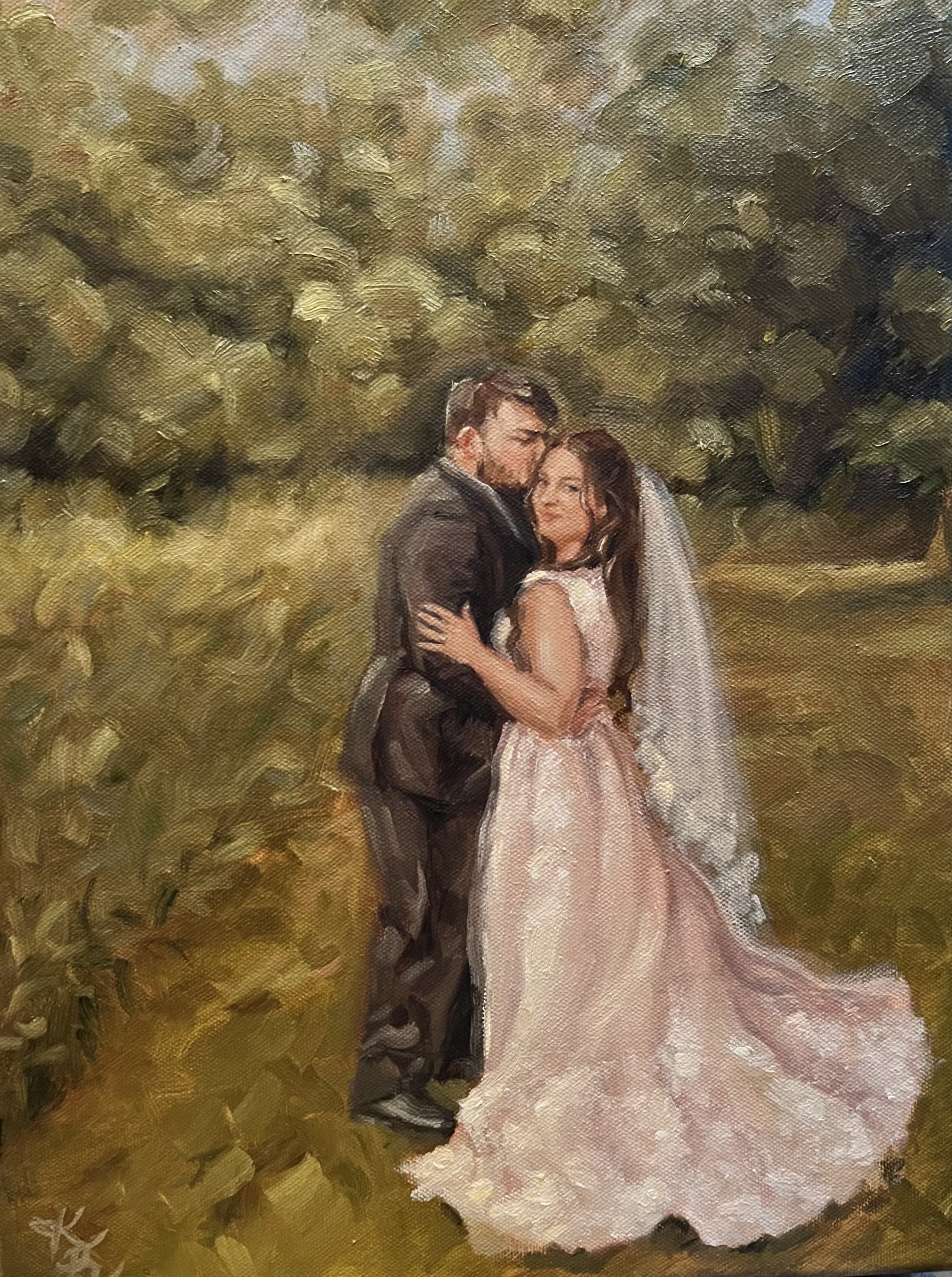 Wedding painting of the sweetest couple in Tennessee who both secretly commissioned a wedding painting for their anniversary. Though I had to let one of them know (the groom), the bride was surprised with a painting her their son, and the groom was (