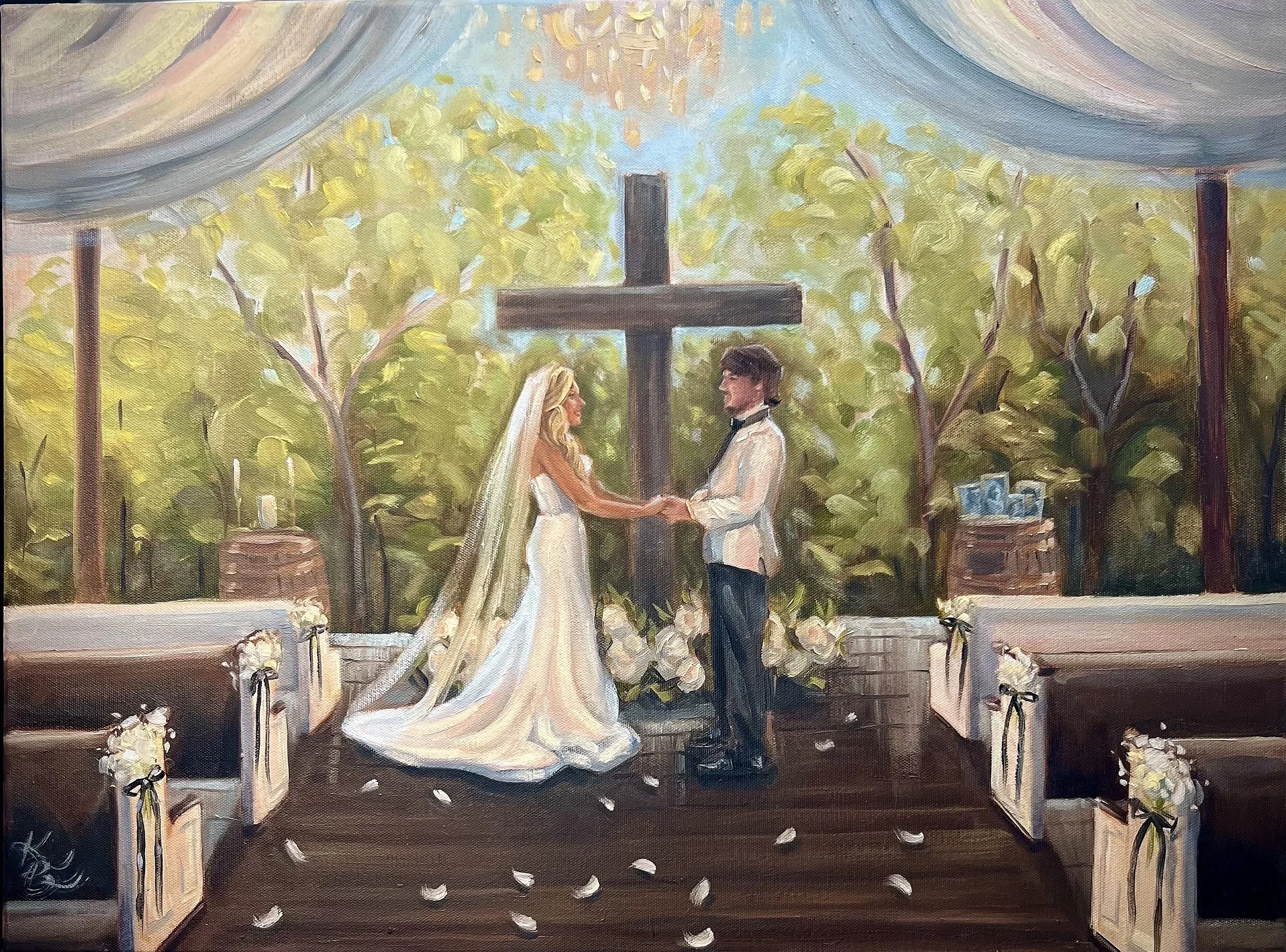 Painting of a wedding ceremony with a bride and groom holding hands under a cross, surrounded by trees and floral arrangements, with petals falling on the ground.