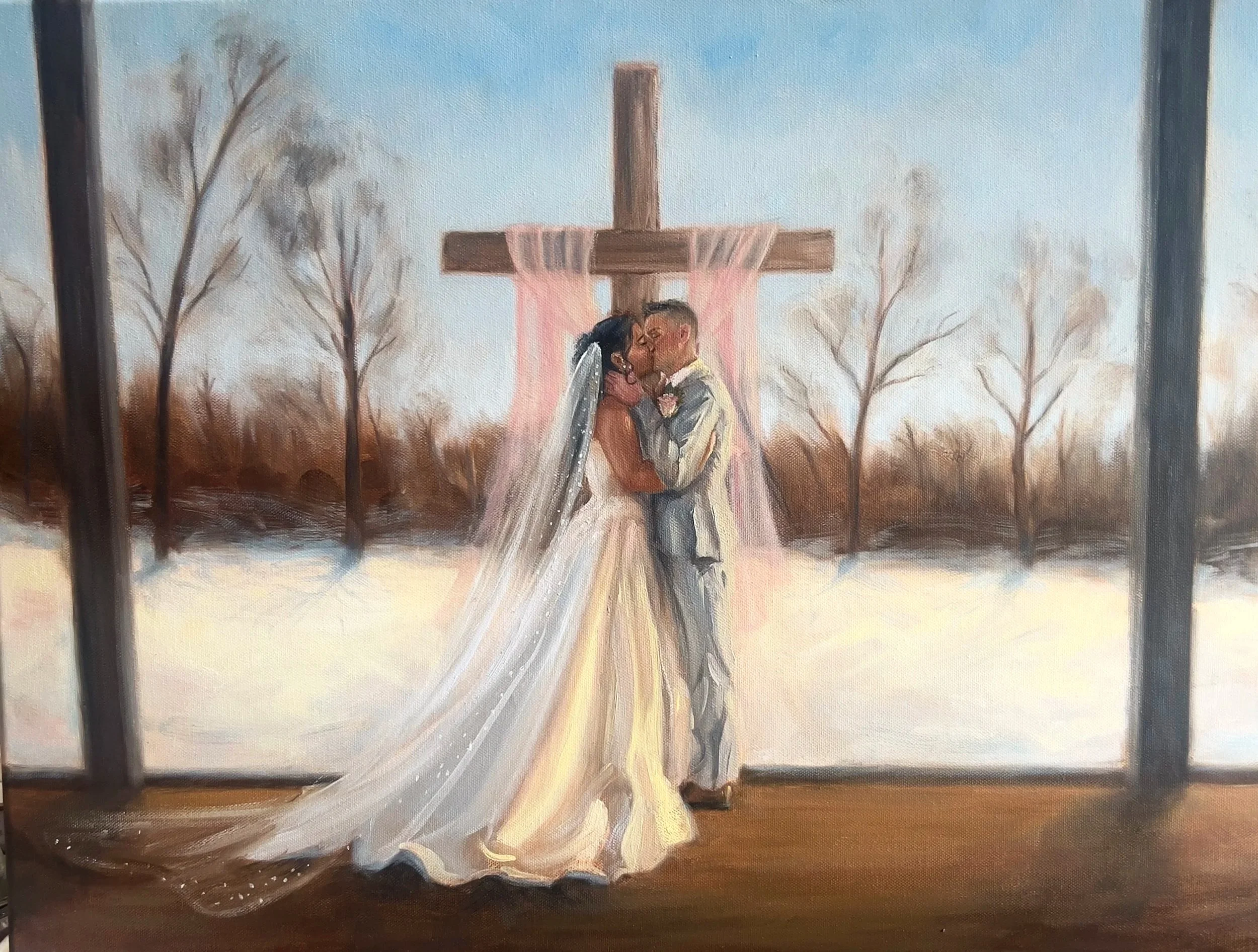 Painting of a bride and groom kissing under a wooden cross with draped fabric outside during winter.